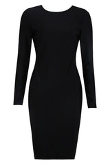 LONG SLEEVE CRYSTAL BANDAGE MIDI DRESS IN BLACK LEATHERETTE PIECES styleofcb