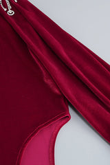 BURGUNDY VELVET OFF SHOULDER SIDE TAIL SLIT MAXI DRESS styleofcb