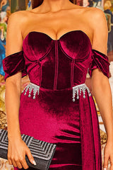 BURGUNDY VELVET OFF SHOULDER SIDE TAIL SLIT MAXI DRESS styleofcb