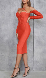 CORSET RUCHED MIDI DRESS IN RED DRESS STYLE OF CB