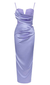 COWL NECK SATIN SPLIT THIGH MIDI DRESS IN ORCHID DRESS STYLE OF CB