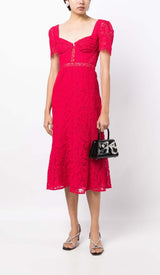 CREPE-TEXTURE LACED MIDI DRESS IN RED DRESS STYLE OF CB