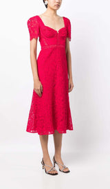 CREPE-TEXTURE LACED MIDI DRESS IN RED DRESS STYLE OF CB