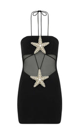 CRYSTAL STARFISH HALTER MINI DRESS IN BLACK styleofcb