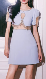 CRYSTAL TRIM CUTOUT MINI DRESS IN SKY BLUE DRESS STYLE OF CB