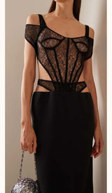 CUT-OUT TULLE CORSET MAXI DRESS IN BLACK DRESS STYLE OF CB