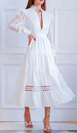 CUTWORK PLUNGE MIDI DRESS IN WHITE DRESS STYLE OF CB