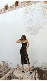 Cut Out High Split Maxi Dress in Black Dresses styleofcb