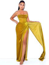Priya Gold Draping Corset High Slit Velvet Gown Dresses Oh CiCi