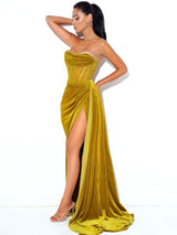 Priya Gold Draping Corset High Slit Velvet Gown Dresses Oh CiCi