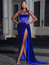 Priya Royal Blue Draping Corset High Slit Velvet Gown Dresses Oh CiCi