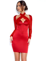 Jocelynn Burgundy Satin Mesh Long Sleeve Corset Dress Dresses Oh CiCi