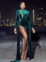 Zenaida Emerald Green Cutout High Slit Velvet Gown Dresses Oh CiCi
