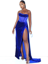 Priya Royal Blue Draping Corset High Slit Velvet Gown Dresses Oh CiCi