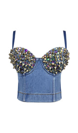 DENIM CRYSTAL CROPPED TOP IN BLUE DRESS STYLE OF CB S GOLD