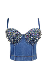 DENIM CRYSTAL CROPPED TOP IN BLUE DRESS STYLE OF CB S SLIVER