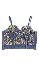 DENIM CRYSTAL EMBELLISHED CROPPED TOP IN NAVY BLUE DRESS STYLE OF CB