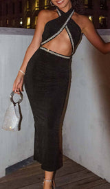 DIAMANTE TRIM MIDI DRESS IN BLACK DRESS STYLE OF CB