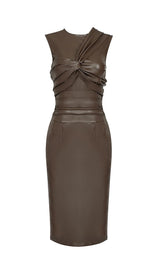 DRAPED LEATHER PU MIDI DRESS IN BEIGE Dresses styleofcb XS BROWN