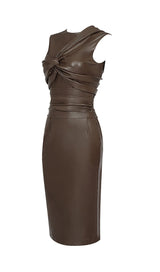 DRAPED LEATHER PU MIDI DRESS IN BROWN Dresses styleofcb