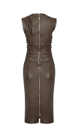 DRAPED LEATHER PU MIDI DRESS IN BROWN Dresses styleofcb