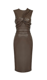 DRAPED LEATHER PU MIDI DRESS IN BROWN Dresses styleofcb XS BROWN
