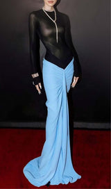 DROPPED WAIST RUCHED MAXI DRESS IN BLUE DRESS styleofcb