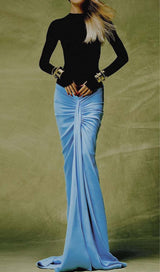 DROPPED WAIST RUCHED MAXI DRESS IN BLUE DRESS styleofcb