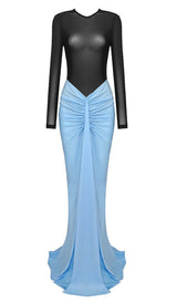 DROPPED WAIST RUCHED MAXI DRESS IN BLUE DRESS styleofcb