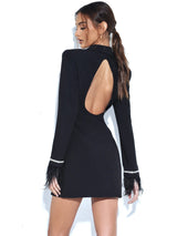 Quilla Black Feather Crystal Sleeve Backless Blazer Dress Dresses Oh CiCi