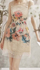 EMBROIDERY FLOWER LACE MIDI DRESS IN BEIGE styleofcb