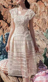 EMBROIDERY TIERED MIDI DRESS IN IVORY WHITE DRESS sis label