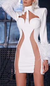 FEATHER BANDAGE MINI DRESS-WHITE styleofcb