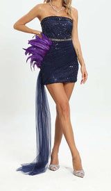 FEATHER SEQUIN MIDI DRESS IN PURPLE DRESS STYLE OF CB