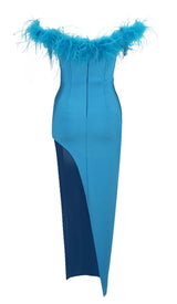 FEATHER TRIM OFF THE SHOULDER HIGH LOW DRESS IN BLUE DRESS sis label