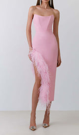FEATHER TRIM SPLIT MIDI DRESS IN BUBBLEGUM DRESS styleofcb