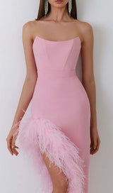 FEATHER TRIM SPLIT MIDI DRESS IN BUBBLEGUM DRESS styleofcb
