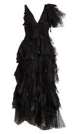 FEATHER V-NECK FLUTED MIDI DRESS IN BLACK STYLE OF CB