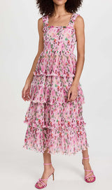 FLORAL-APPLIQUÉ TIERED MIDI DRESS IN PINK DRESS STYLE OF CB