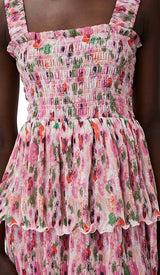 FLORAL-APPLIQUÉ TIERED MIDI DRESS IN PINK DRESS STYLE OF CB