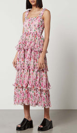 FLORAL-APPLIQUÉ TIERED MIDI DRESS IN PINK DRESS STYLE OF CB