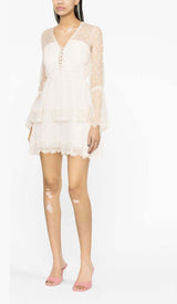 FLORAL-LACE TIERED MIDI DRESS IN LVORY DRESS STYLE OF CB