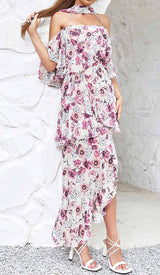 FLORAL PRINT COLD SHOULDER HALTER HIGH LOW DRESS DRESS STYLE OF CB