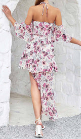 FLORAL PRINT COLD SHOULDER HALTER HIGH LOW DRESS DRESS STYLE OF CB