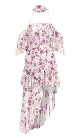 FLORAL PRINT COLD SHOULDER HALTER HIGH LOW DRESS DRESS STYLE OF CB