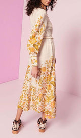 FLORAL-PRINT ROPE BELT MIDI DRESS IN IVORY DRESS styleofcb