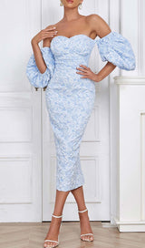FLORAL-PRINT PUFF SLEEVE MIDI DRESS IN CLEAR SKY DRESS STYLE OF CB