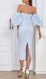FLORAL-PRINT PUFF SLEEVE MIDI DRESS IN CLEAR SKY DRESS STYLE OF CB