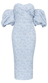 FLORAL-PRINT PUFF SLEEVE MIDI DRESS IN CLEAR SKY DRESS STYLE OF CB