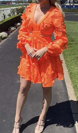FLORAL TEXTURES CUTOUT MINI DRESS IN NEON ORANGE DRESS STYLE OF CB